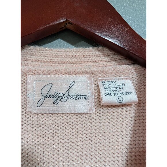 Vintage Jaclyn Smith Faux Wrap Sweater Pink Shoulder Pads White Lace Pearls Sz L - Picture 8 of 16